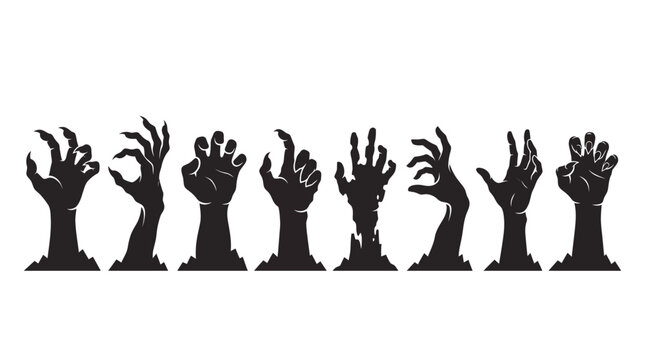 Set of black zombie hand silhouettes reaching out from the ground for halloween Vector