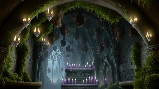 Gothic crypt interior with hanging bat and glowing purple candle on stone altar, spooky Halloween scene, dark fantasy, eerie atmosphere. Halloween.