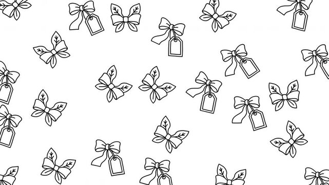Black and white line art graphic features a butterfly ribbon gift tag pattern background. It is suitable for greeting cards and stationery designs.