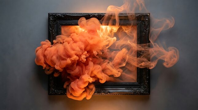Vibrant orange smoke cloud bursting from an ornate black picture frame on a dark background, dynamic and abstract art concept