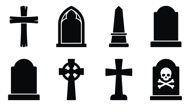 Set of black tombstone and cemetery cross icons for halloween and memorial design Vector