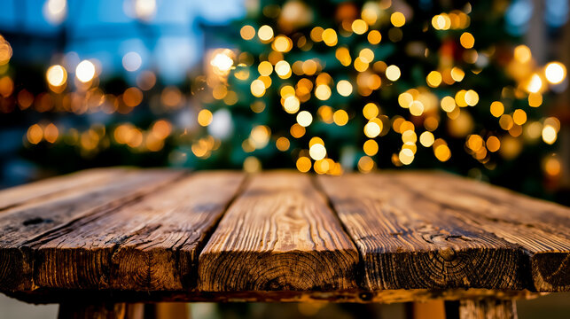 A wooden table in front of a blurred background of lights
