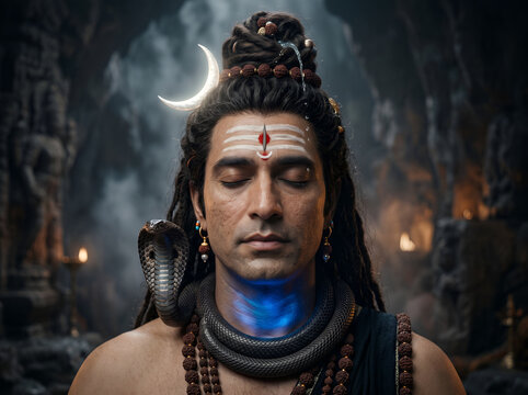 Lord Shiva Silhouette Under Moonlit Sky with Trident, Divine Hindu God Spiritual Illustration