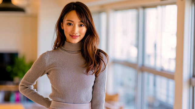 A woman with long brown hair smiling at the camera