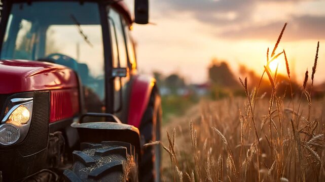 Tractor working on a field during sunset in a rural area Generative AI