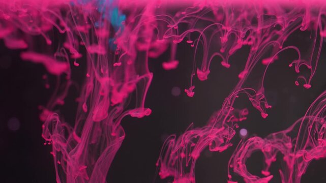 The abstract beauty of ink diffusing in water, captured in slow motion. The visuals begin with delicate tendrils of pink ink drifting gracefully, followed by the entry of teal ink from above; 