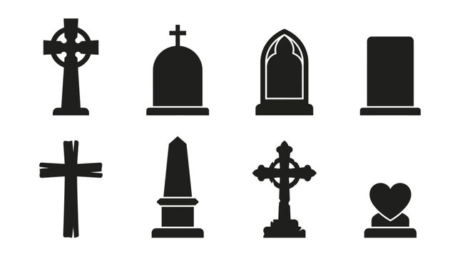 Set of black tombstone and gravestone icons for cemetery or halloween design elements Vector