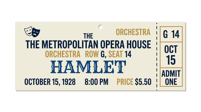 Vintage Hamlet Opera Ticket - Metropolitan Opera House, October 1928