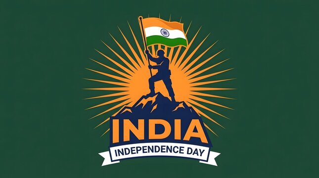 Indian soldier silhouette standing on a mountain peak holding the national flag during the vibrant and festive independence day celebration