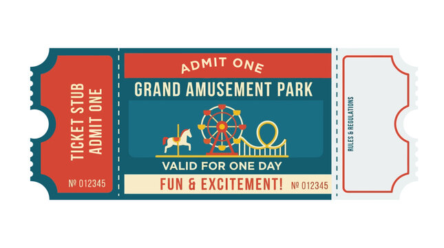 Amusement Park Ticket - Admit One, Fun & Excitement, Roller Coaster, Ferris Wheel