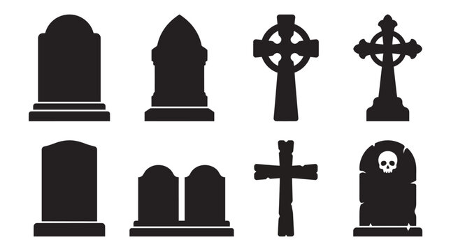 Set of black tombstone and cemetery cross silhouettes for halloween and death concepts Vector