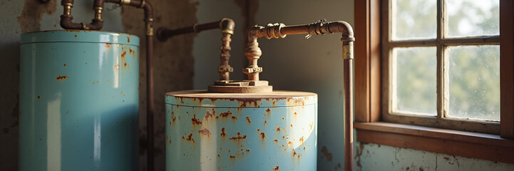 Fototapeta premium Old rusted water heaters with copper pipes in a utility room. Aged plumbing system and home maintenance concept. Panoramic banner
