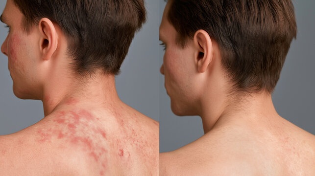 Before and After Body Acne Treatment Comparison, Clear Healthy Skin Recovery, Professional Dermatology Care Concept