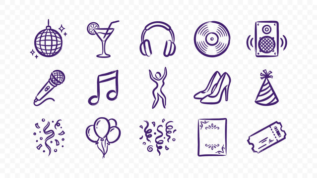 doodle handmade ink scribble flat line art vector illustration icon bundle set calligraphy drawing design disco party ball mic heels celebration dance club nightlife event music fun