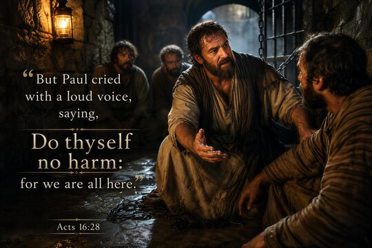 Paul Intervenes to Prevent Jailer's Suicide in Philippian Prison Cell, Acts 16:28 Scripture.