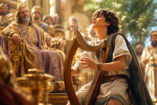 Young David Passionately Plays Harp Before King Saul's Throne, Offering Melancholy Relief.