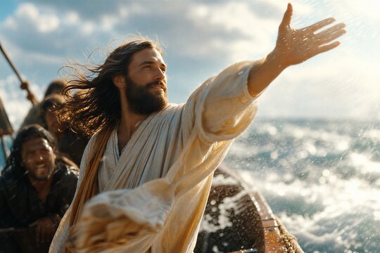 Jesus Miraculously Calms Raging Storm Over Small Fishing Boat on Sea of Galilee.