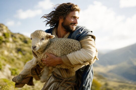 Dynamic Shepherd Carrying Rescued Sheep Across Rolling Hills, a Moment of Compassion and Salvation.