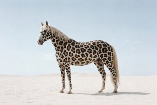 A horse with a unique leopard-like coat stands in a sandy desert.