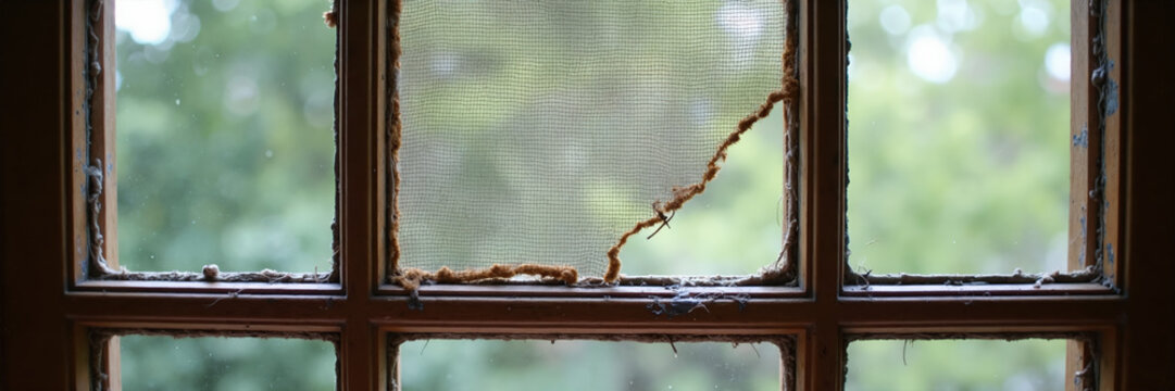 Torn and damaged insect screen in a wooden window frame. Broken window mesh needing repair. Panoramic banner