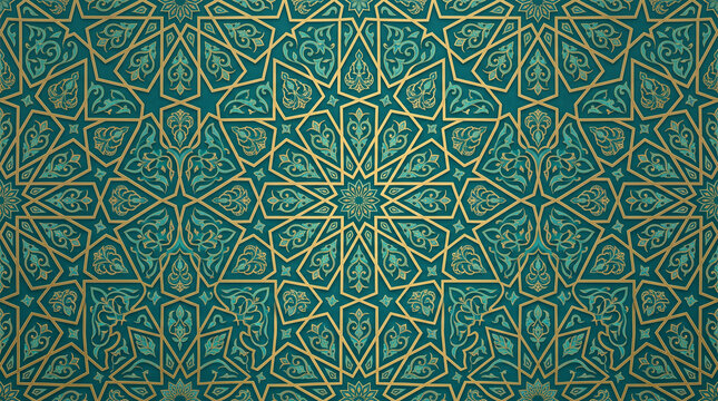 Islamic geometric mosaic pattern in teal and gold. Intricate arabesque tile design for luxury decor and branding.