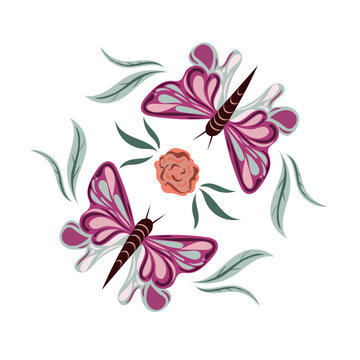 Pink Butterflies Floral T-Shirt Design | Elegant Botanical Nature Illustration