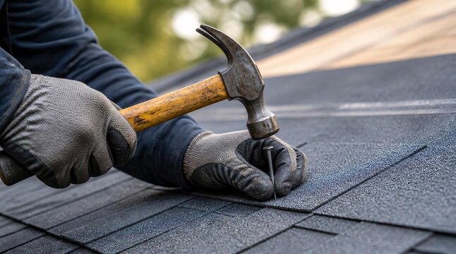 Close up of worker nailing asphalt shingles during a new roof installation.