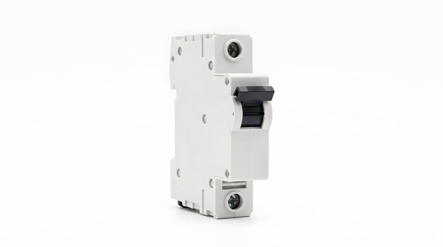 Single pole miniature circuit breaker switch isolated on white backdrop.