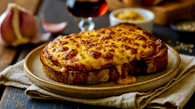 A close-up of a cheesy toasted sandwich on a plate with a glass of red wine and a bowl of sauce in the background