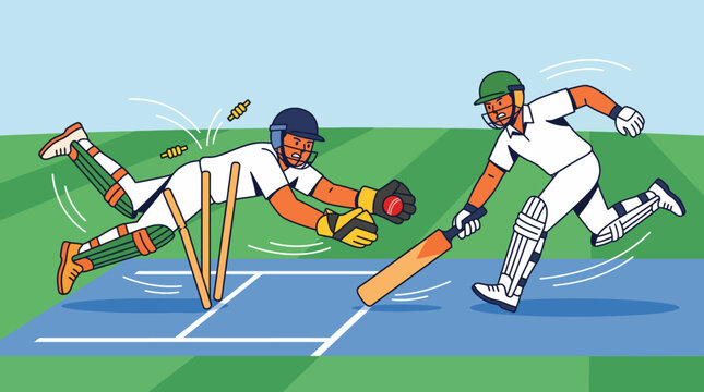 Cricket Run Out Action with Diving Wicketkeeper Breaking the Stumps and Batsman Reaching the Crease in Dynamic Colorful Flat Vector Illustration