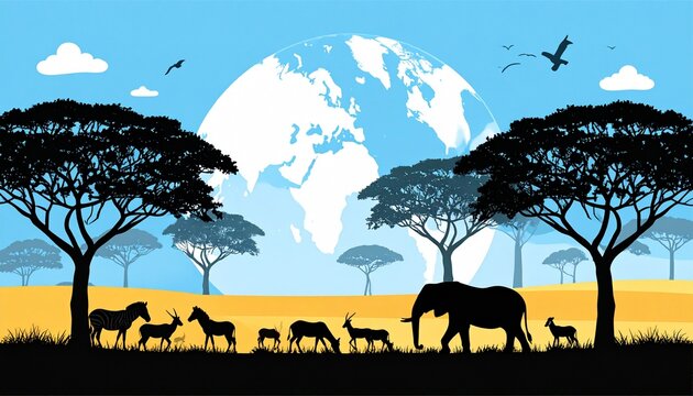 Sunset savanna landscape with elephants and giraffes silhouetted.