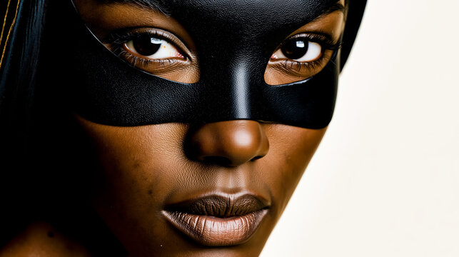 A close-up of a woman's face wearing a black mask with eye cutouts