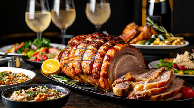 Feast featuring roasted meat, gourmet sides, and wine on an elegant dining table during festive celebration
