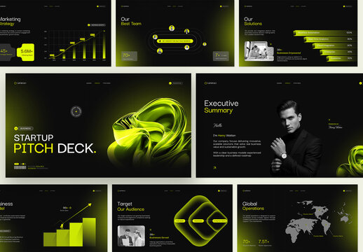 Business Startup Pitch Deck Template, Investor Presentation, Startup Proposal Slide Design in Modern Neon Green Style