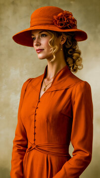 A woman wearing a vibrant orange dress and hat with a flower in her hair