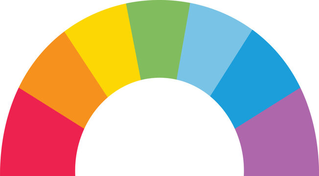 Colorful semi-circle rainbow arc vector, vibrant multi-color curved segment chart, abstract geometric spectrum design element for infographics