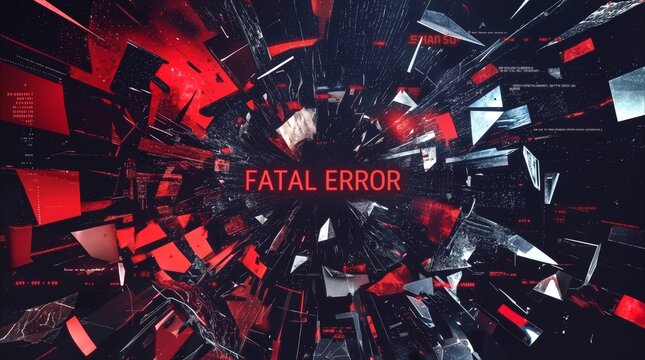 Digital glitch explosion with fatal error message. Abstract visualization of system failure and computer crash in red and black colors.