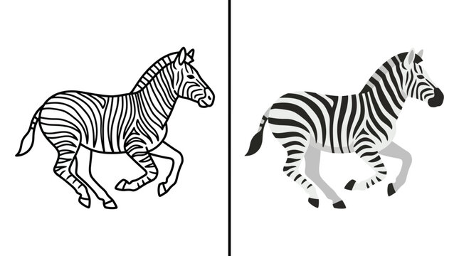 Running zebra side view illustration with line art.