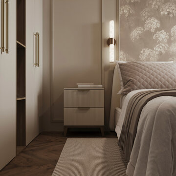 Close-up of a luxury bedroom featuring bedside table, upholstered headboard, decorative lighting, and refined contemporary interior styling.