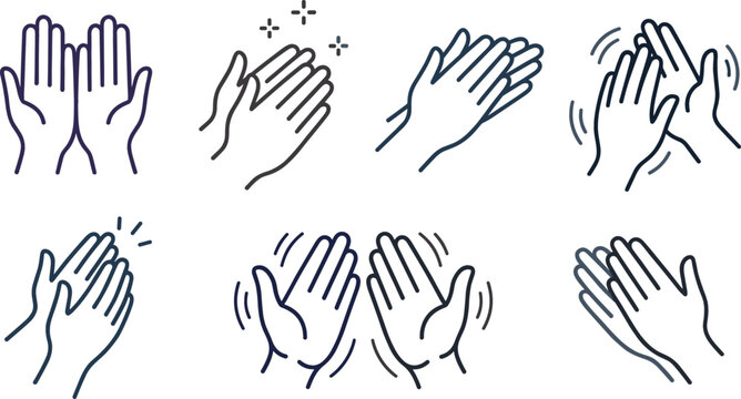 Clapping hands outline icon set vector illustration featuring hands applauding cheering praying and waving gestures isolated on white.