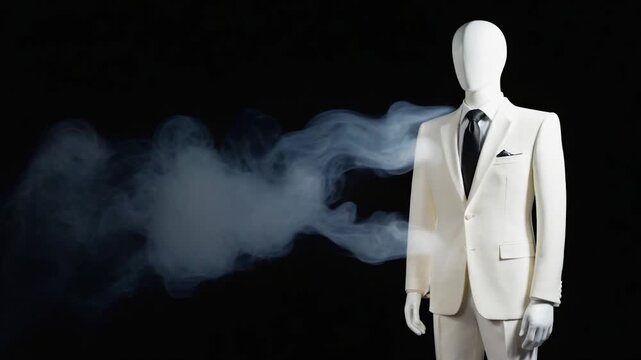 A mannequin in a white suit with smoke emerging from its body stands on a dark background with tech style.