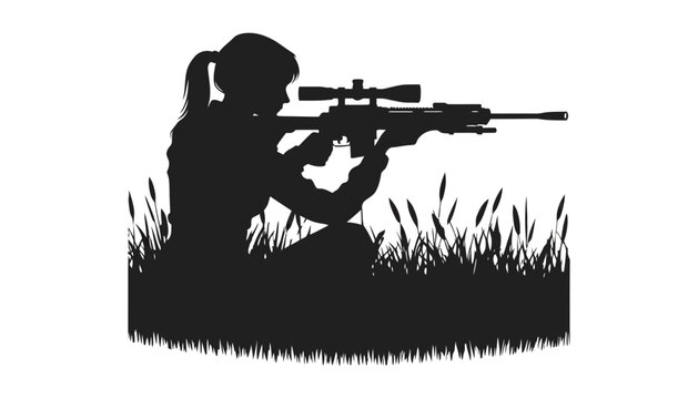 Female sniper hunter silhouette aiming with scoped rifle, shooting