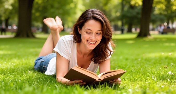 Happy woman lying on green grass reading a book in the park (outdoors)

