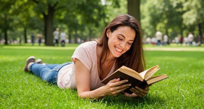 Happy woman lying on green grass reading a book in the park (outdoors)
