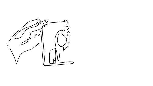 Animated self drawing of continuous line draw of man's and woman's hands holding torn photograph of themselves, Full length one line animation. 4K