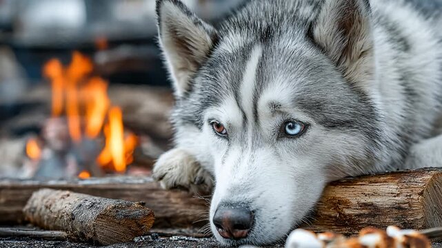 Grey husky rests near a fire on a chilly evening Generative AI