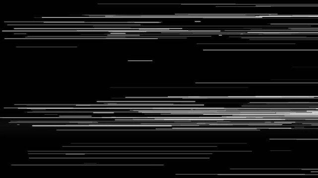 Digital glitch distortion effect with horizontal fast lines on black