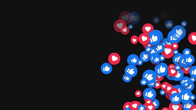 Floating social media reaction icons and hearts on black background