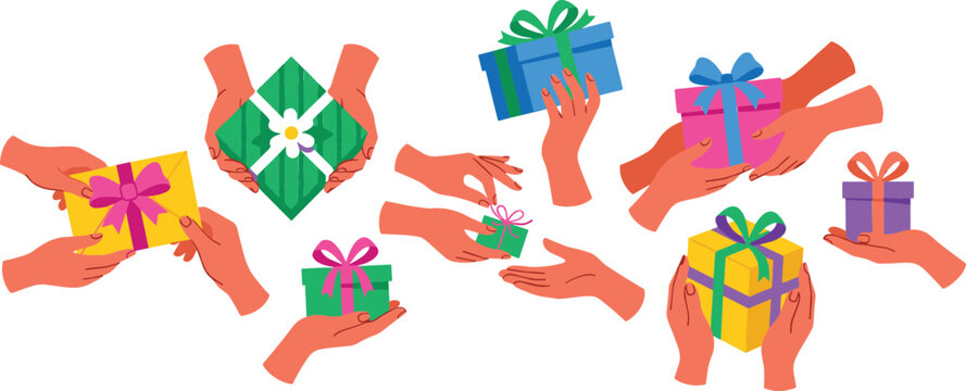 Hands holding gift boxes vector illustration collection featuring diverse people sharing colorful presents with ribbons isolated on white background.