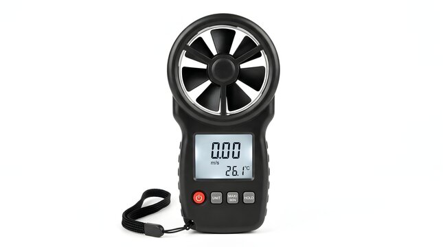 Black anemometer with digital display shows air speed and temperature.
